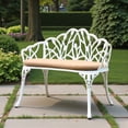 thumbnail image 3 of Tcbosik 33.8" Outdoor Metal Bench with Cushion, Cast Aluminium Bench with Tulip Design Backrest for Lawn, Porch, Deck, Yard, White, 3 of 8