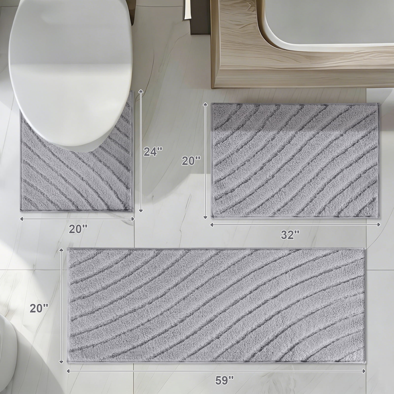 Findosom 3pcs Bathroom Rugs Set with U-Shaped Mat,Non Slip Machine Washable Wave Bath Mat,Ultra Soft Plush Shower Rugs for Bathroom,Tub,Shower20"x32"+20"x59"+U 20"x24"Gray
