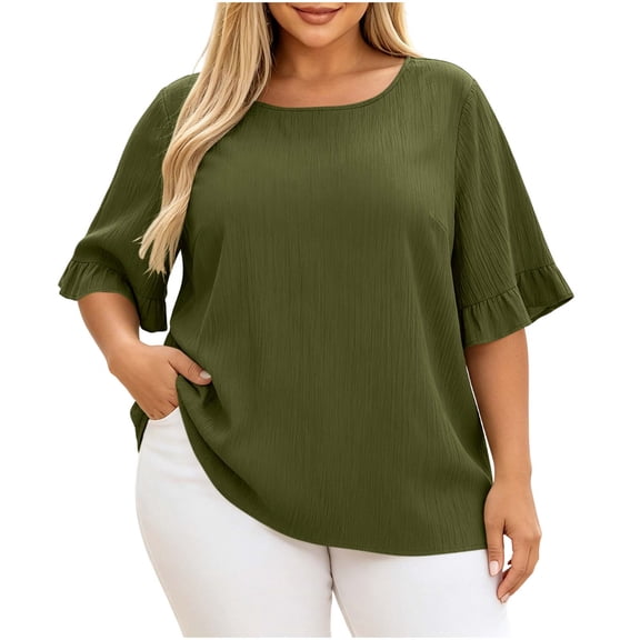 KyCheLot Short Sleeve T-Shirts for Women Plus Size Round Neck Solid Color T-Shirts Casual Summer Walking Tops