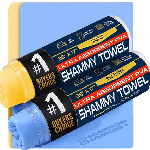 Champion Chamois Absorbent Car Drying Towel, PVA Shammy, 26 x 17 in, 2 Pack, Blue and Yellow