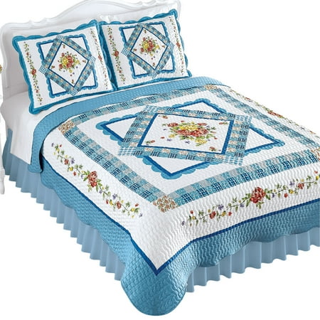 Roses Quilt Pattern - Diamond Rose Floral Pattern Patchwork Quilt with Blue Scalloped Border - Seasonal Décor for Bedroom