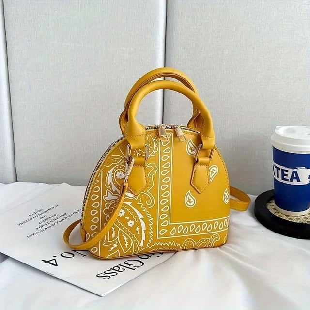 Mini Floral Paisley Dome Bag - Premium PU Leather Crossbody & Shoulder Handbag with Secure Zipper Closure - Exuding Effortless Style and Sophistication for Daily Use