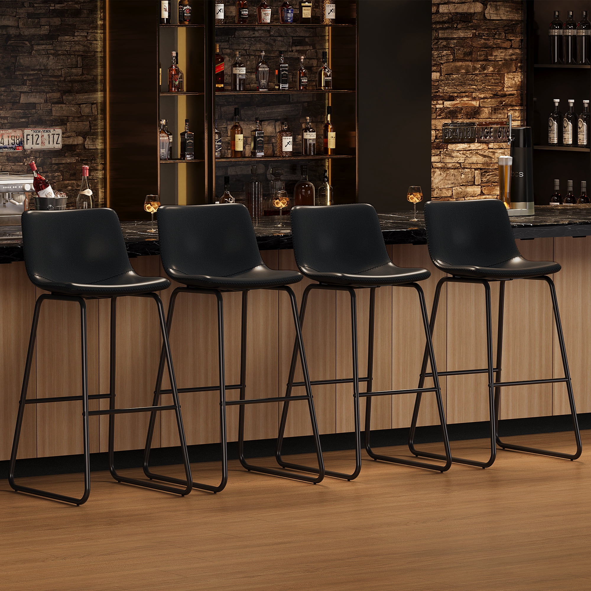 Aufeile 30" Counter Height Bar Stools Set of 2 – Modern Faux Leather Barstools with Back & Metal Legs, Kitchen Bar Chairs for Island, Dining Room, Black