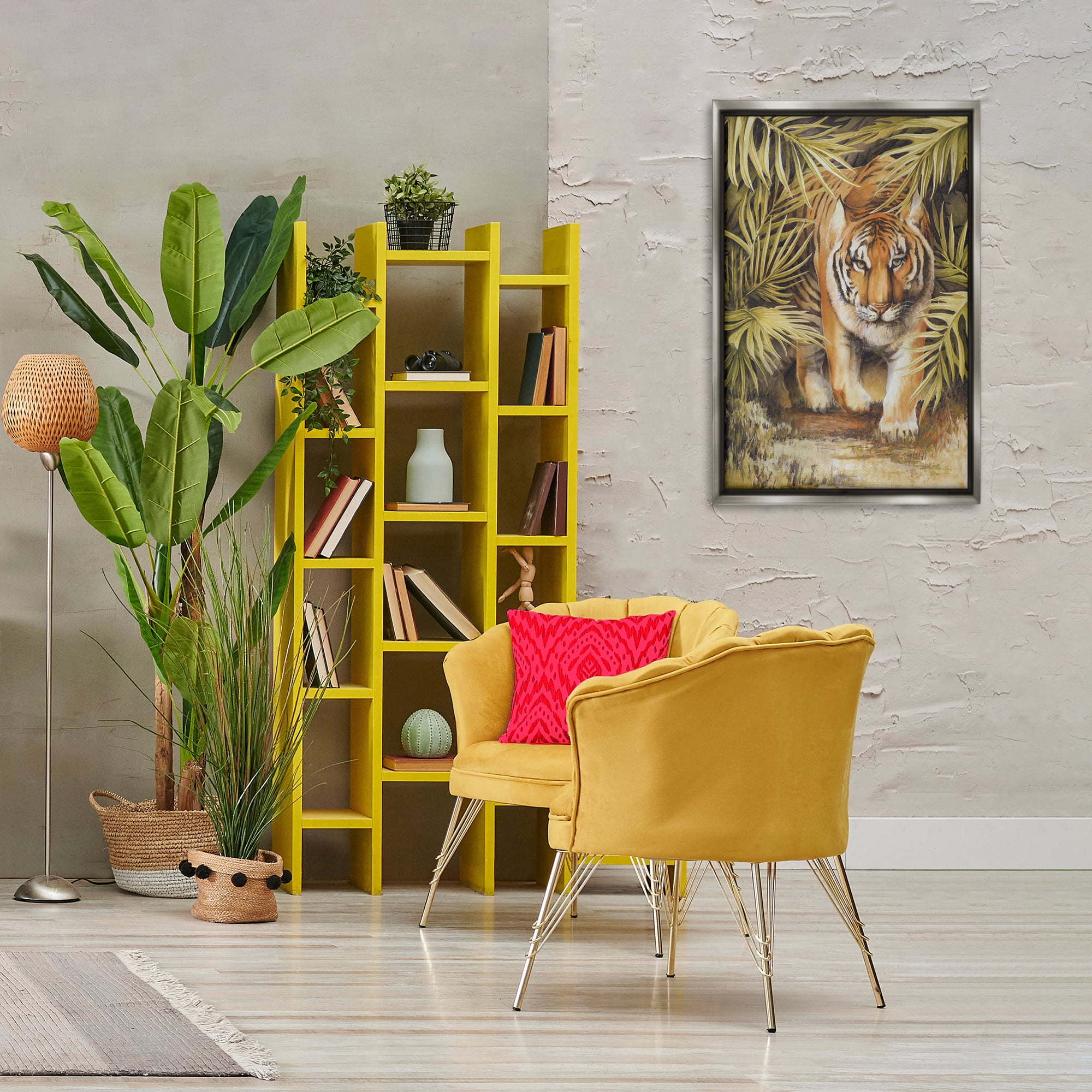 Stupell Industries Tiger Prowling Through Leaves Animals & Insects Painting Gray Floater Framed Canvas Art Print Wall Art, 21 x 31