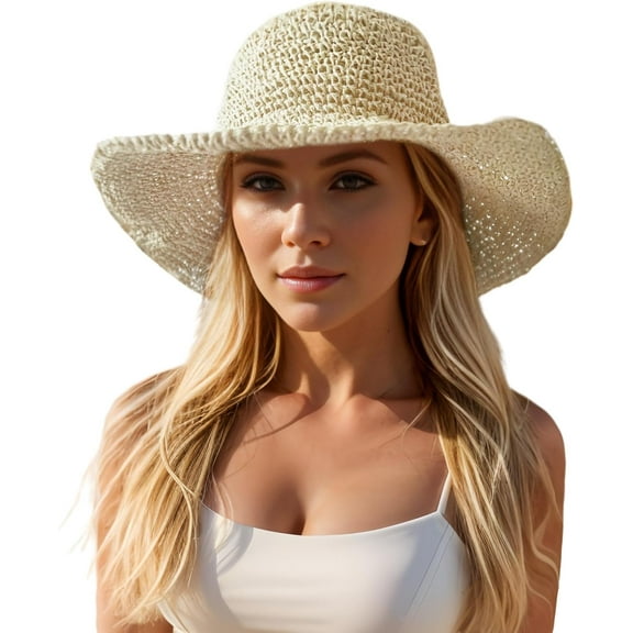 Floppy Big Beach Straw Hats for Women Foldable Summer Wide Brim Packable Sun Hat Womens Travel Straw Fedora Hat