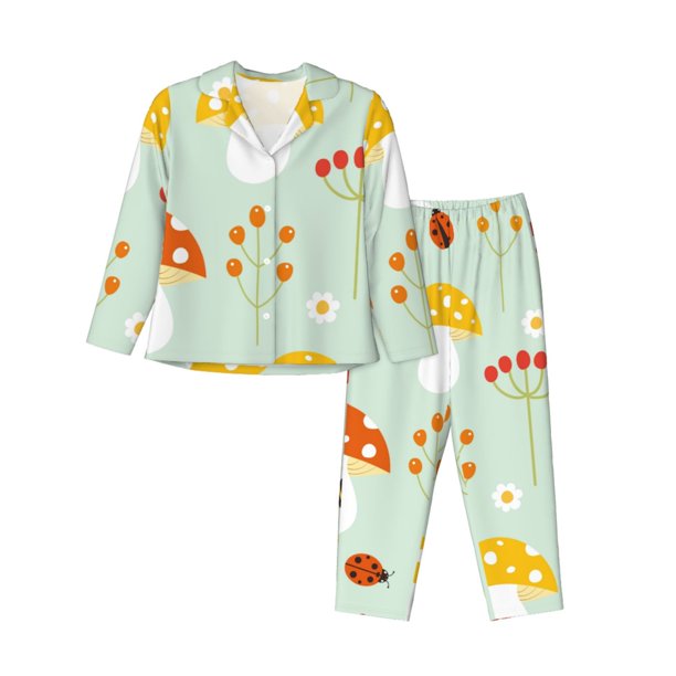 Fotbe Mushroom Bee Conjunto de Pijama de Manga Larga para Mujer con Estampado, Ropa de Dormir de 2 Piezas, Conjunto de Casa Suave y Cómodo con Bolsillos-X-Large