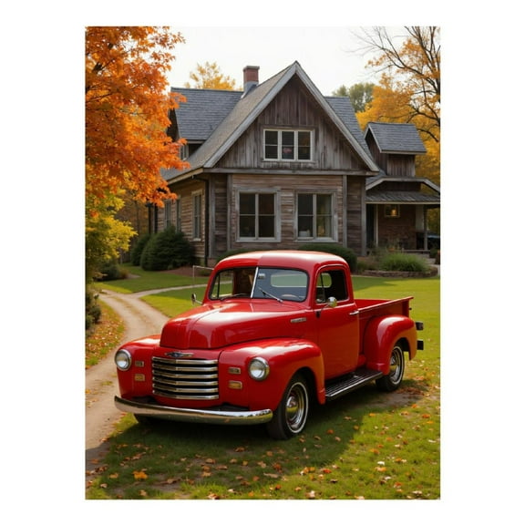 Diamond Art Kit for Adults, Vintage Red Truck Autumn House Diamond Painting for Adults Beginners, 5D DIY Diamond Art Painting Kits, Colorful Diamond Painting Craft for Home Decor 12x16