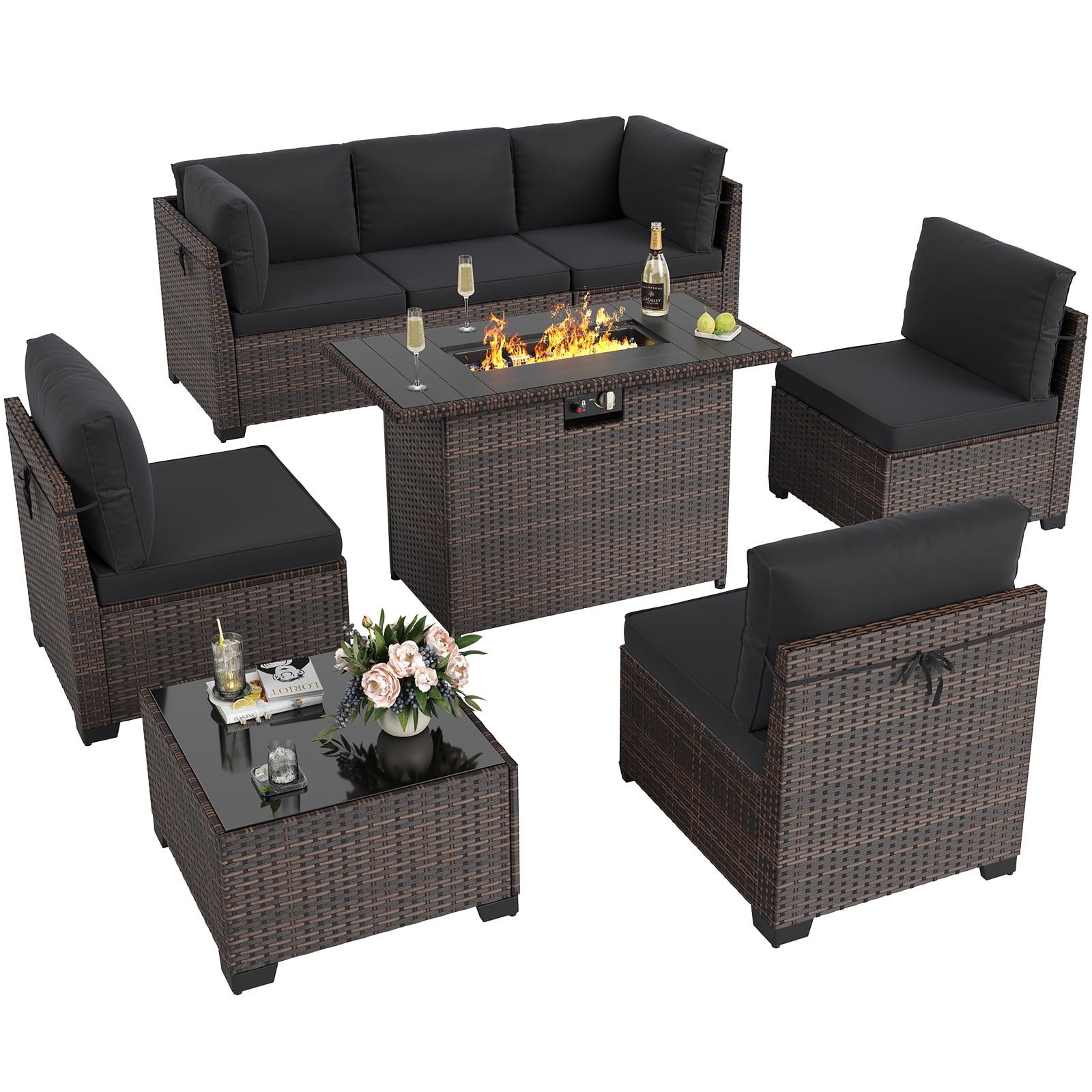 STARY 8 Pieces Outdoor Furniture Set with Fire Pit Table, Wicker Patio Sectional Sofas, All-Weather Outdoor Conversation Set for Garden, Black