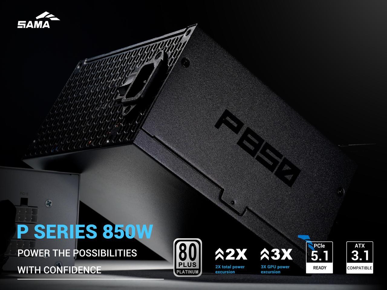SAMA P850W ATX 3.1 Power Supply, 850W, Cybenetics Platinum Standards, PCIE 5.1 Ready, Full Modular, 850W Gaming PSU, Premium Japanese Capacitor, FDB Fan, Black version