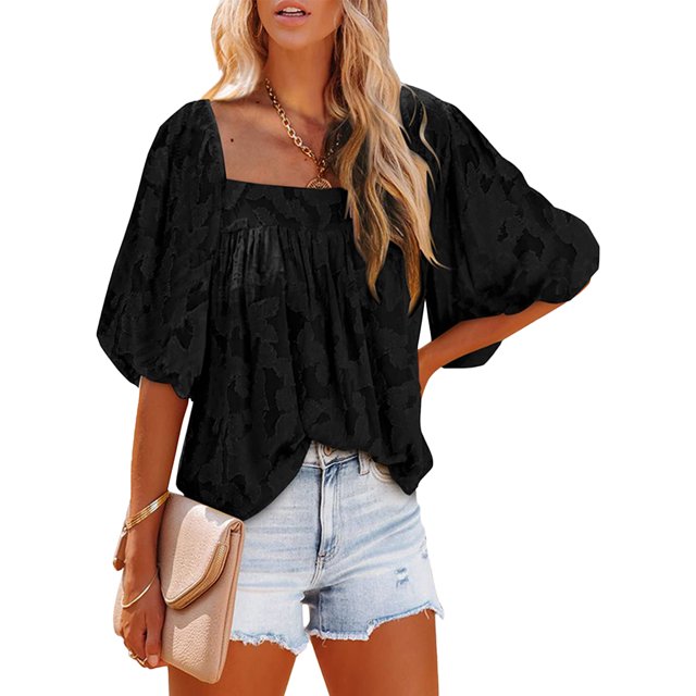 Camisa fluida para mujer Camiseta informal con cuello cuadrado que combina con todo Textura floral (Negro M) FLhrweasw Para estrenar