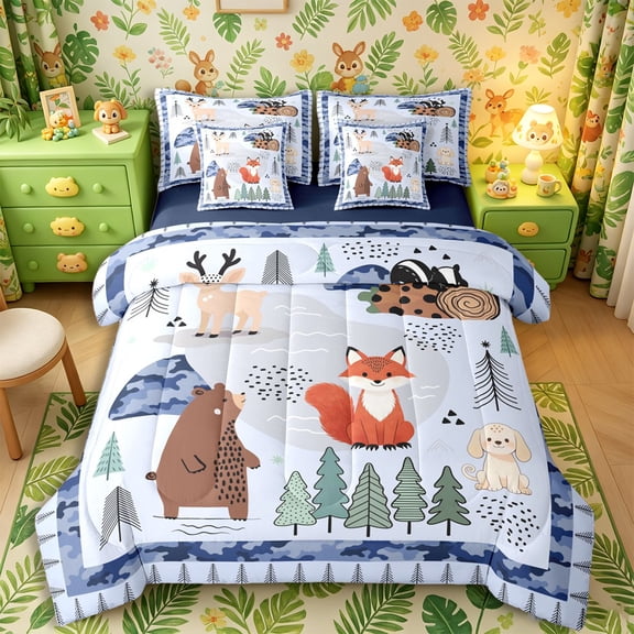 Castle Fairy Cute Camo Woodland Animal 7-Piece Twin Bedding,Fox Bear Deer Puppy Pine Bedding Comforter Set,Sky Blue Cream,Navy Blue Reversible