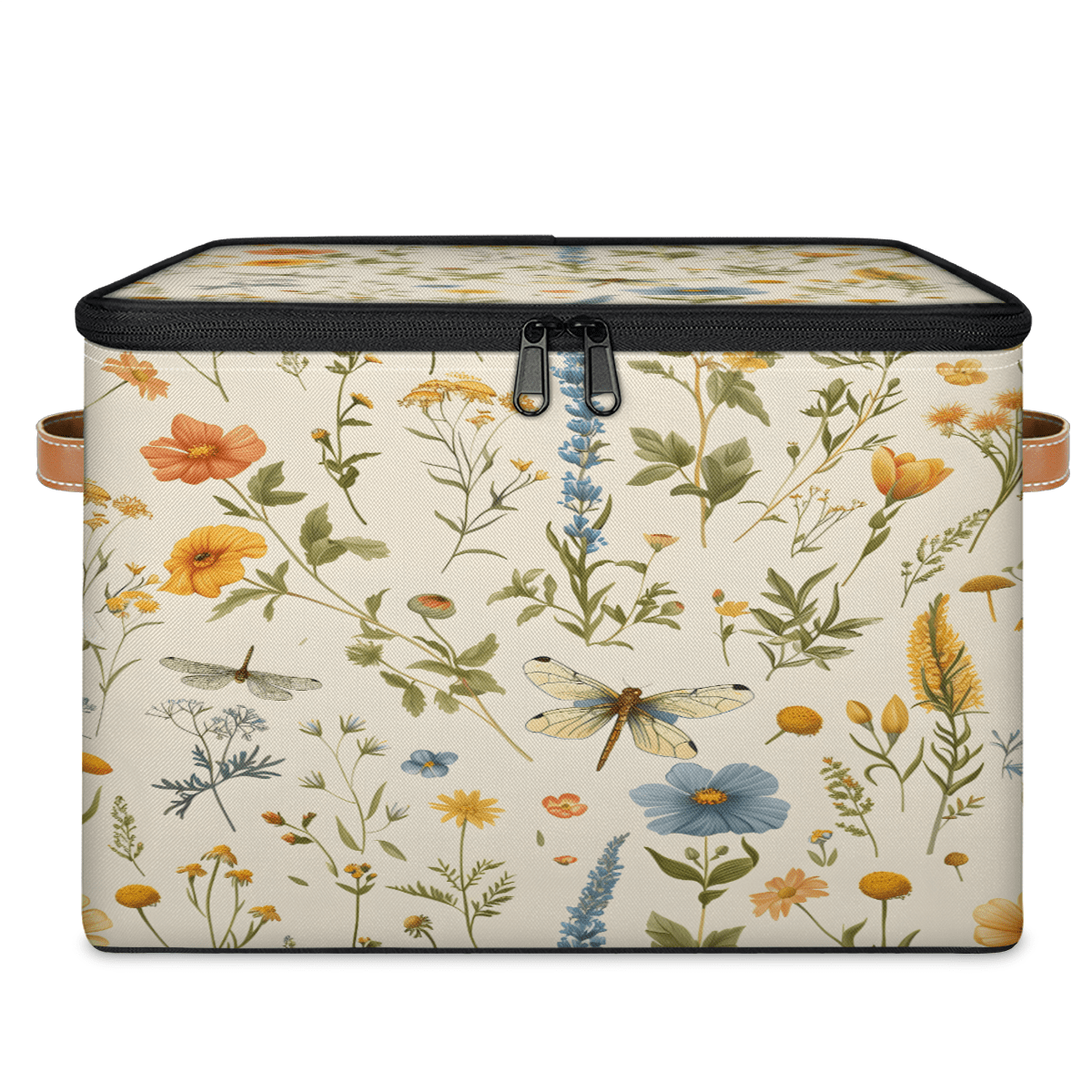 CURLYOOT Watercolor Floral Dragonfly Storage Bin with Zipper Lid, Fabric Decorative Lidded Storage Baskets Boxes, Foldable Organizer Container Basket for Bedroom Closet Shelf