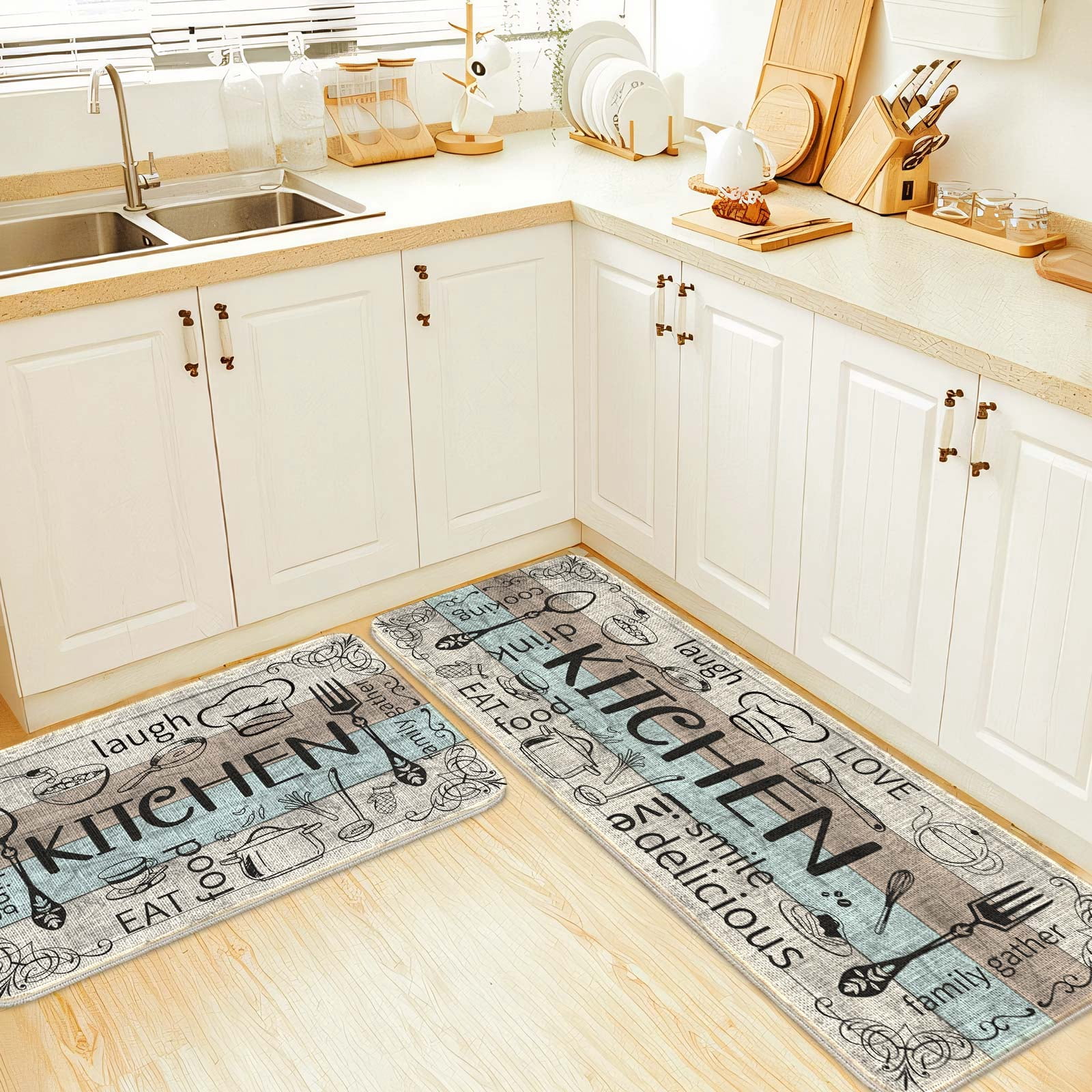 Beige Farmhouse Chef Kitchen Rugs and Mats Set of 2, 17"x47"+17"x30" Non-Slip Machine Washable Runner Rugs for Kitchen Floor, Soft Kitchen Mat Set for Home,Laundry Room,Chef Pattern
