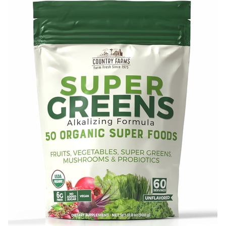Country Farms Super Greens Natural Flavor, 50 Organic Super Foods, USDA Organic Drink Mix, Fruits, Vegetables, Super Greens, Mushrooms & Probiotics, Supports Energy, 60 Servings, 31.8 Oz