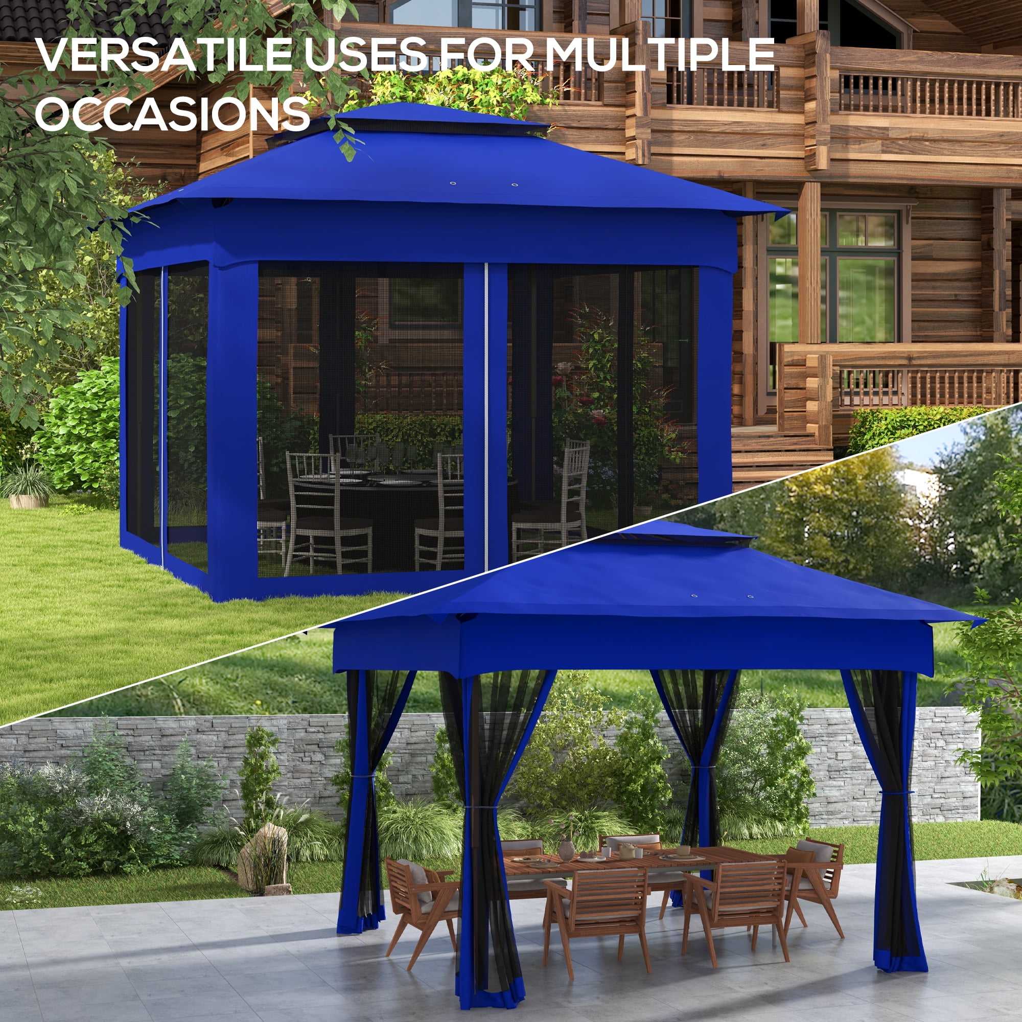Outsunny 10.7' x 10.7' Pop Up Gazebo Outdoor Canopy Shelter with 2-Tier Soft Top & Removable Zipper Netting, Event Tent with Large Shade, Blue
