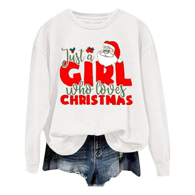 VBARHMQRT Chandail à Capuchon for Women Mode de Noël pour Femmes Père Noël Imprimé Lettre Manches Longues Col Rond Chandail à Capuchon