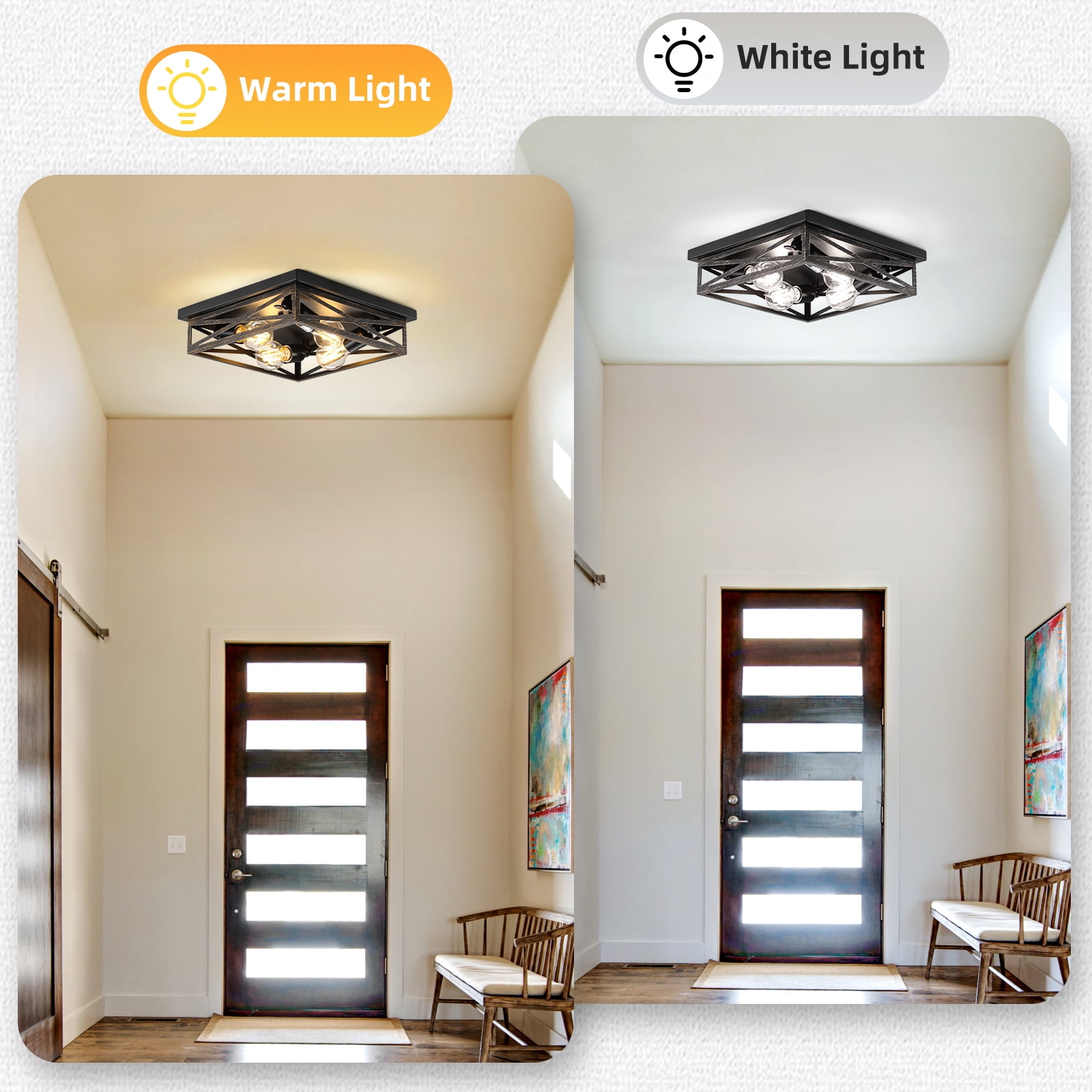2 Pack Flush Mount Ceiling Light, Modern Farmhouse Light Fixture,Industrial Square Metal Cage Ceiling Light for Kitchen, Hallway E26 Base(13in)