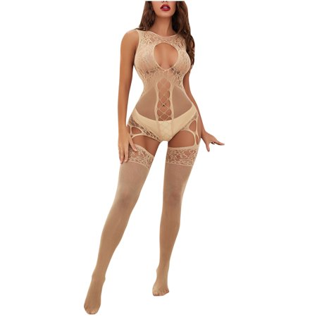 

Rewenti Women Deep V Hollow Lingerie Open Crotch Bodystockings Perspective Bodysuit Khaki One Size