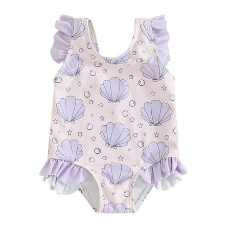

Bslissey Toddler Baby Girls One Piece Swimsuit Sleeveless Cute Shell Star Print Romper Swimwear Infant Frill Trim Bathing Suit Summer Beach Wear 3M 6M 12M 2T 3T