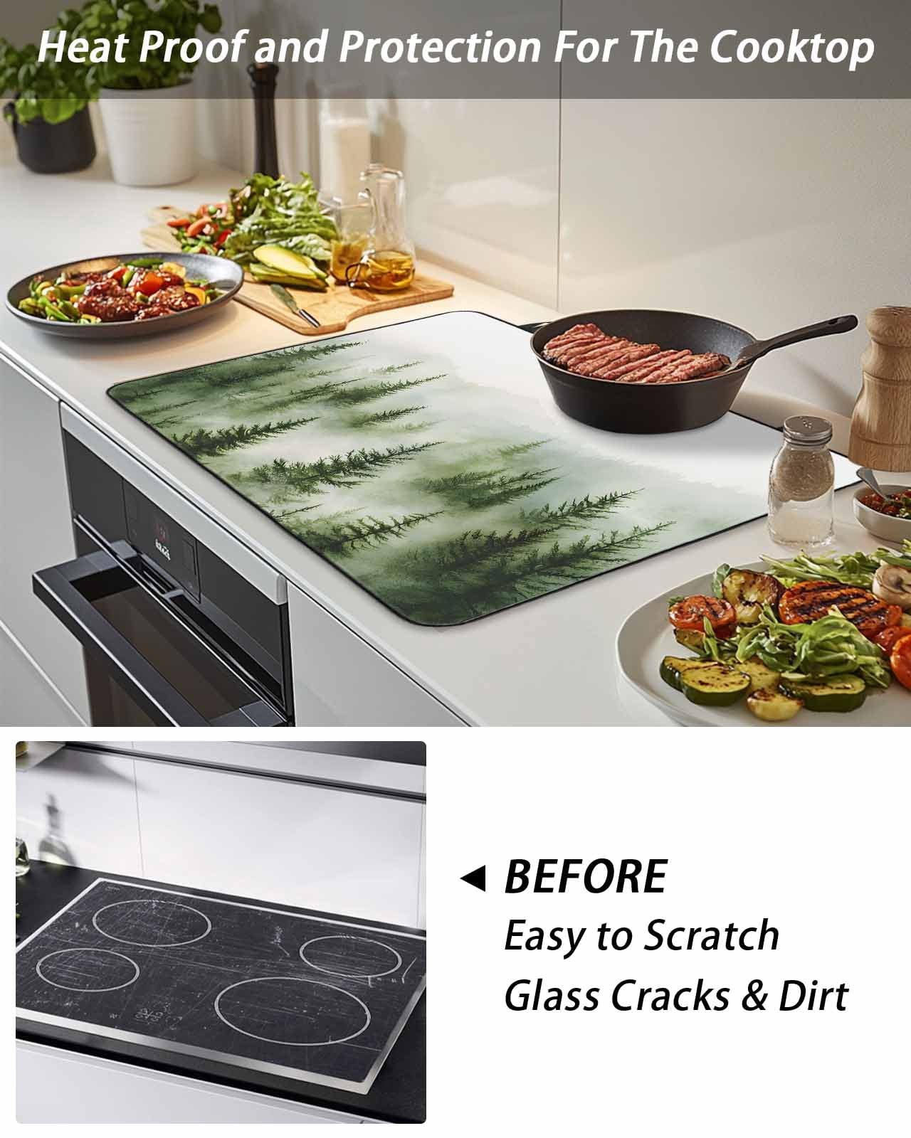 Stove Top Covers for Electric Stove, Green Mist Forest Glass Stovetop Cover Protector, Foggy Mountain Tree Nature Landscape Induction Cooktop Protector Oven Mat for Kitchen Countertop 24"x21"