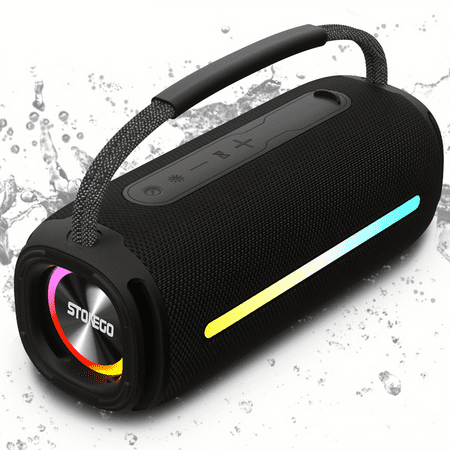 STONEGO Portable Handheld Bluetooth Speaker Bluetooth 5.3 Wireless RGB Flash Dual Speakers TWS Heavy Bass Stereo IPX6 Waterproof USB-C Charging 3000mAh Battery with FM Mode