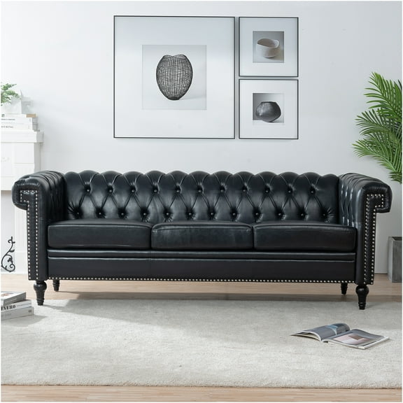 JERFIT 3-Seater Sofa with Removable Cushions, Classic Square Arm Upholstered Sofa Couch for Living Room, PU Leather, Black