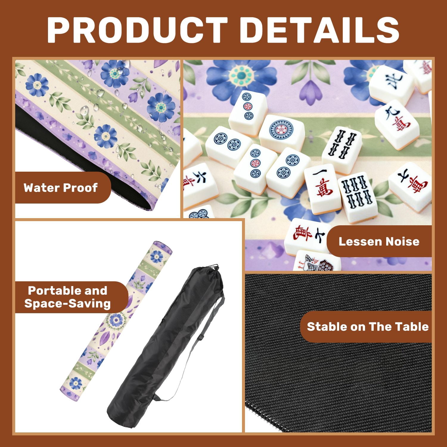 Mahjong Mat 31.5" x 31.5" Floral Geometric Pastel Purple Blue Decorative Borders Non-Slip Noise Reduction Chic Portable Gaming Table Cover for Family Game Night & Gift