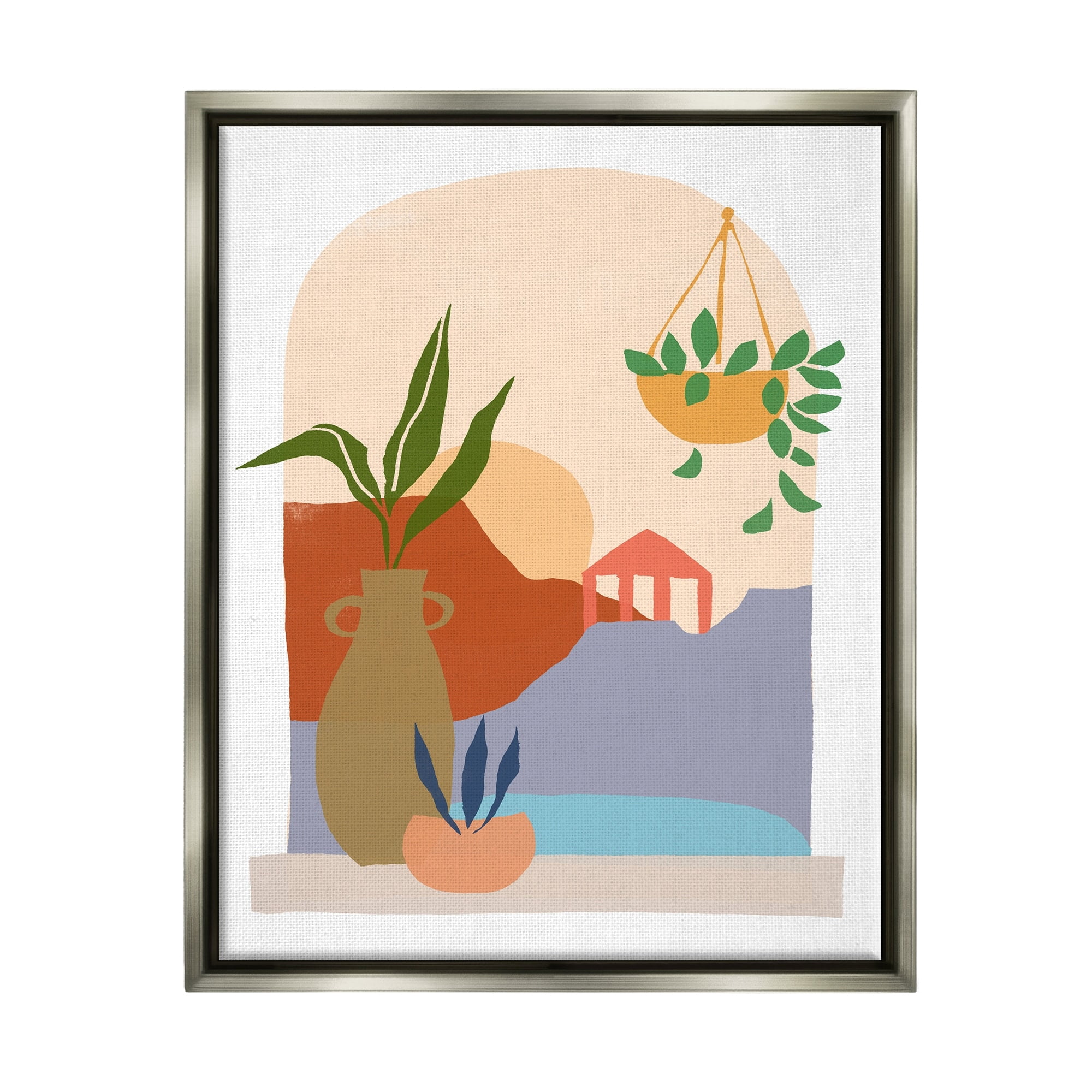 Stupell Industries Bold Hanging Potted Plants Windowsill Landscape Scene Graphic Art Luster Gray Floating Framed Canvas Print Wall Art, Design by June Erica Vess