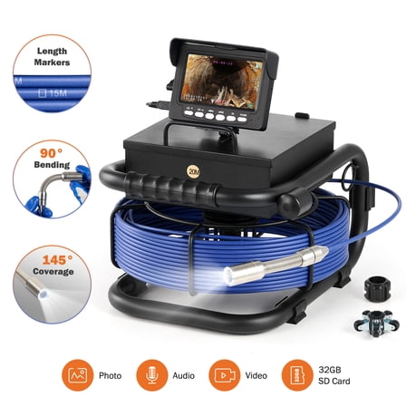 4.3 in. Sewer Inspection Camera w 66ft/20m Cable Rechargeable Battery for Pipe