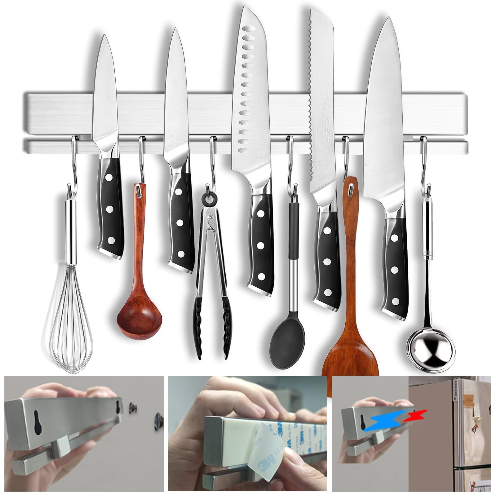 YIIYIIN 17 Premium 304 Stainless Steel Double Sided Magnetic Knife Holder for Wall or Fridge with Adhesive Strip No Drill 12 Hooks Included for Kitchen Utensils Walmart