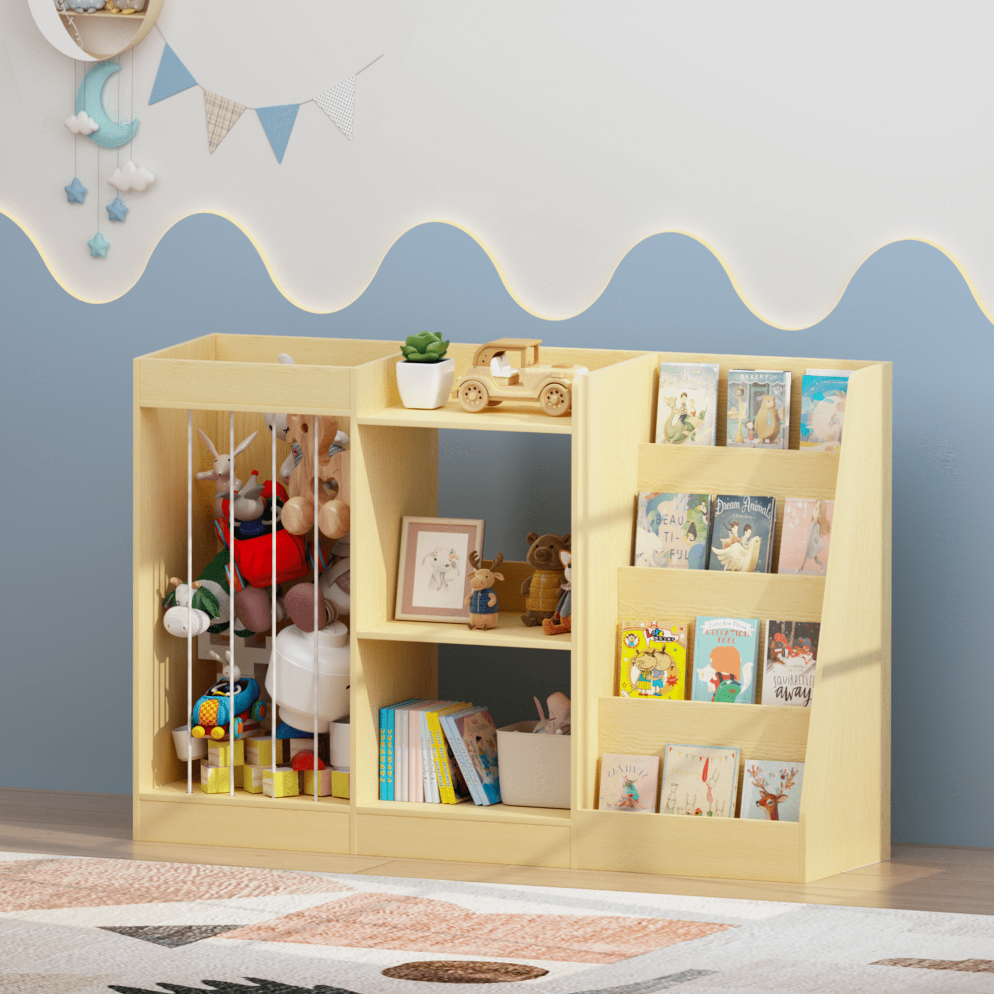Natural Wood Kids Bookshelf 3-in-1 Toy Storage 4-Tier Book Display Anti-Tip Childrens Room Organizer