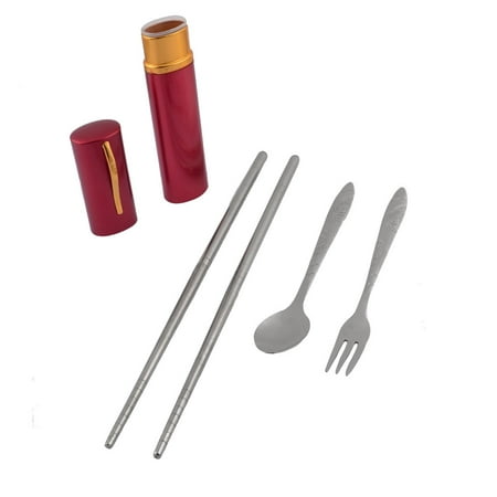 - Unique Bargains Picnic Stainless Steel Foldable Chopsticks Spoon Fork Set w Burgundy Holder