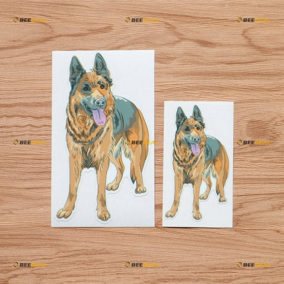 German Shepherd Dog Standing Vinyl Decal Sticker Brown Chained - 2 Pack Glossy, 4 Inches, 6 Inches - for Car Boat Laptop Cup 09010