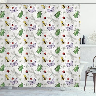 Animals Shower Curtain, Various Insects Pattern Butterflies Bees Ladybird and Dragonflies, Fabric Bathroom Set with Hooks, 69W X 84L Inches Extra Long, Off White and Multicolor, by Ambesonne