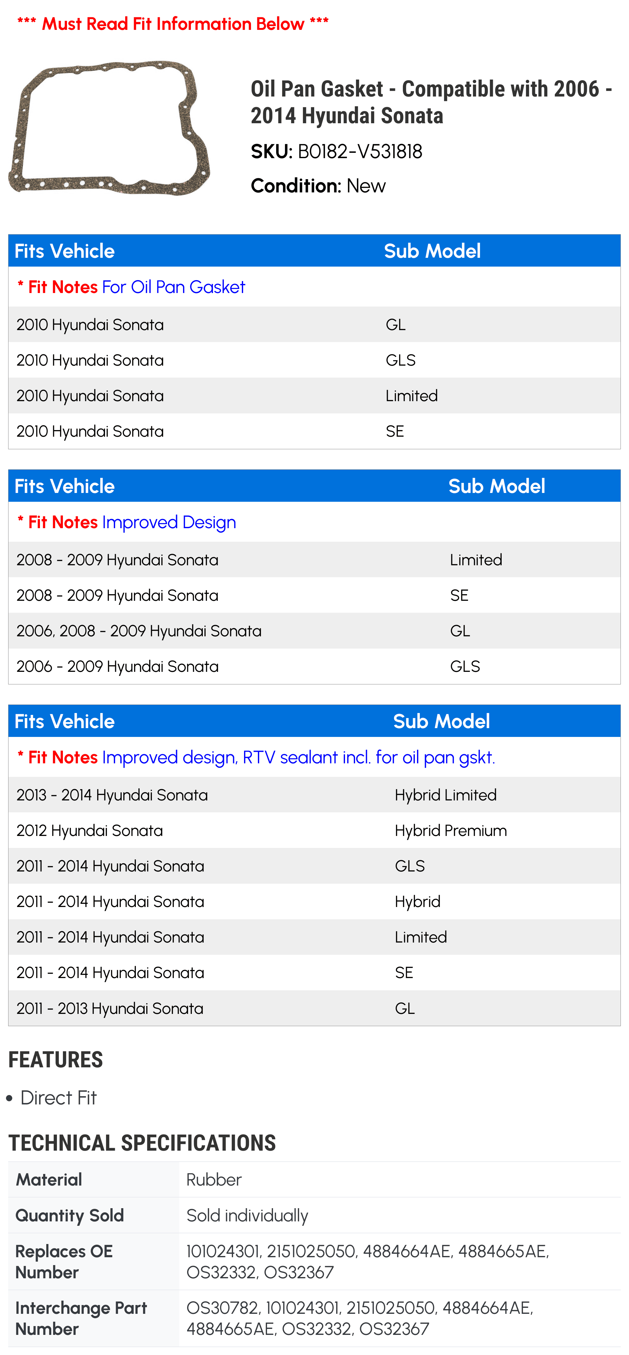 Oil Pan Gasket - Compatible with 2006 - 2014 Hyundai Sonata 2007 2008 2009 2010 2011 2012 2013