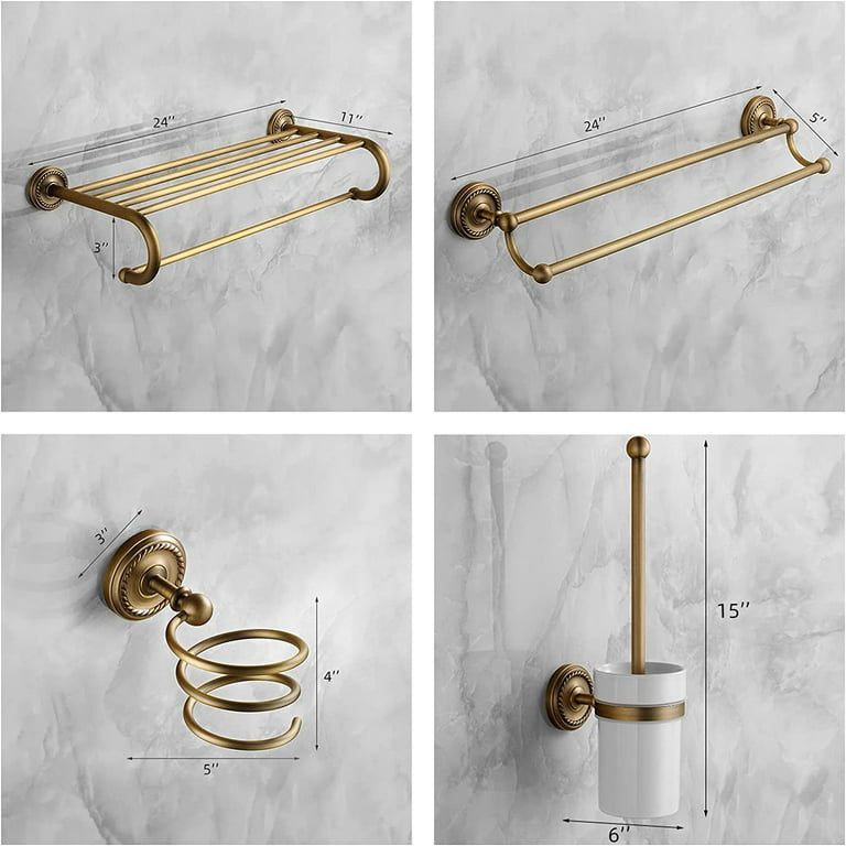 Toocust 8 Piece Wall Mounted Antique Brass Bathroom Hardware Accessories,  24 Double Towel Rack, Gold Towel Shelf Set, Brass Towel Bar, Gold Hand  Towel Hanger for Bathroom 