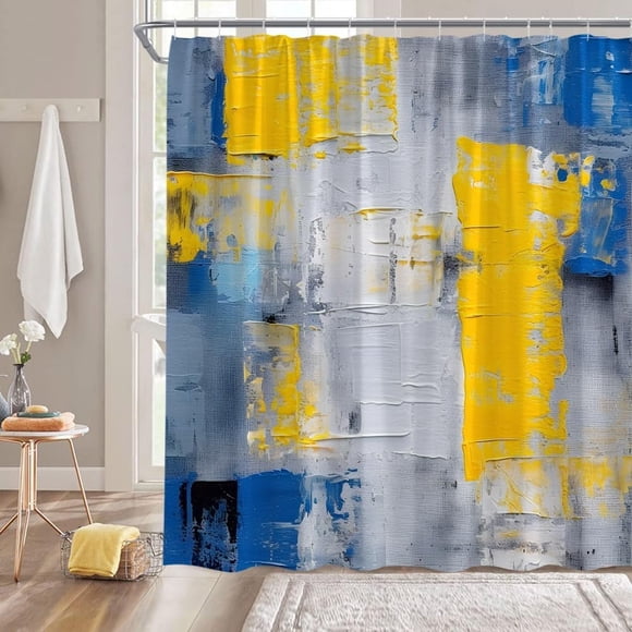 Rideau de Douche Bleu Jaune Gris - Coups de Pinceau Abstraits Bleu Brûlé Jaune et Gris Art Moderne 84 Pouces L X 70 Pouces H Ensembles de Rideaux de Salle de Bain en Tissu avec Crochets Déco Contemporaine