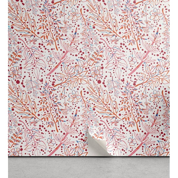 Ambesonne Floral Peel & Stick Wallpaper for Home, Minimal Leaves Branches Dots, 13"x36", Pink Burnt Sienna and Blue