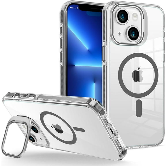 for iPhone 15 Case Clear with Kickstand and Screen Protector - Compatible with Wireless Charging, 21ft Military-Grade Drop Tested,Shockproof Slim Fit Magnetic Crystal Cover - Grey