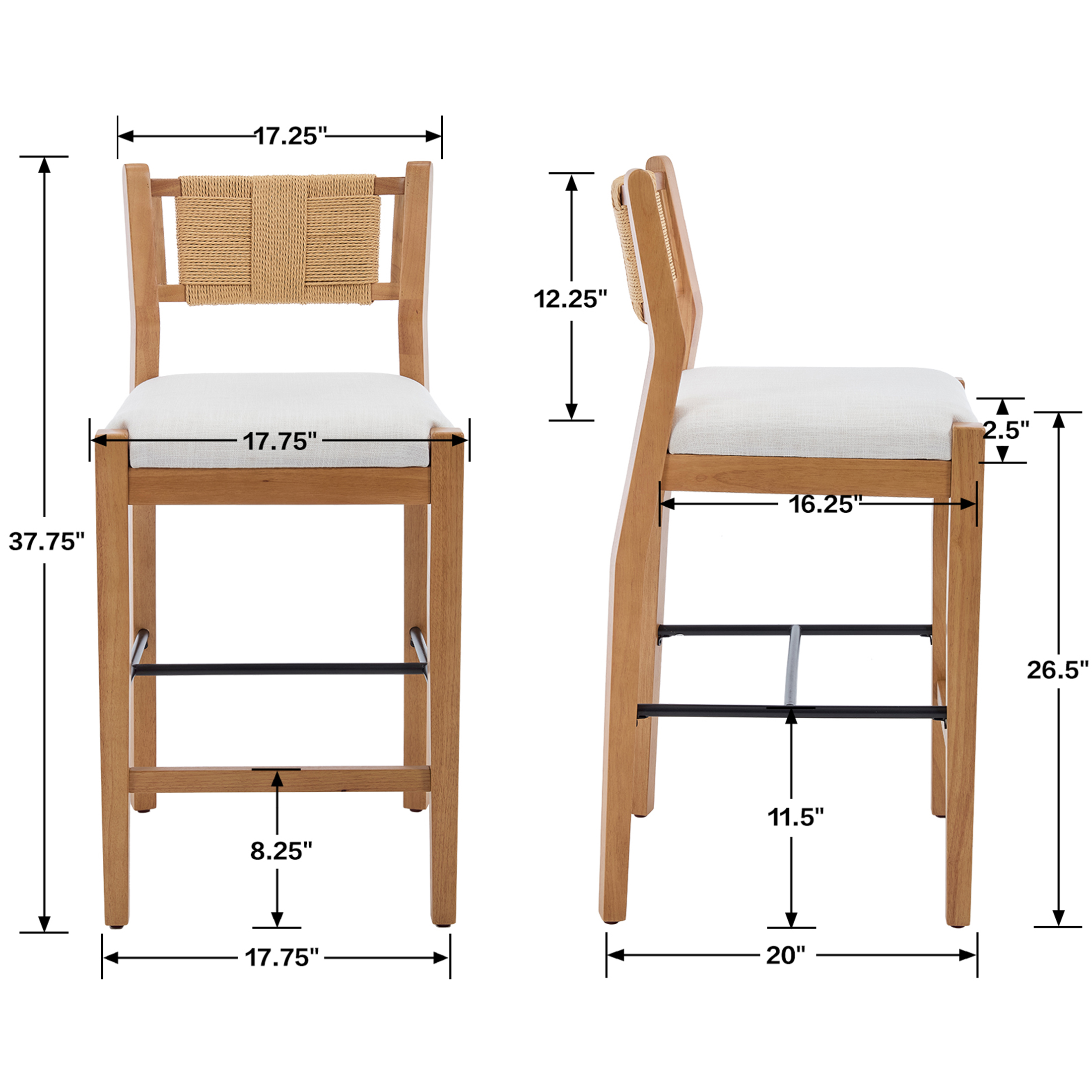 Guyou 26" Rattan Barstools Set of 4, Boho Solid Wood Counter Height Bar Stools, Linen Upholstered Kitchen Island Chairs for Dining Room Bar, Beige