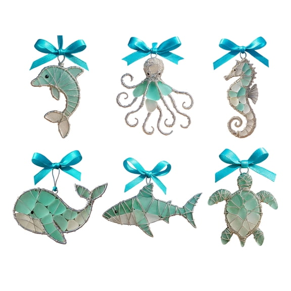 Ruanlalo Handmade Sea Glass Ocean Ornaments 2D Acrylic Coastal Hanging Ornaments Sea Turtle Octopus Seahorse Fish Gifts for Christmas Tree Home Decor Beach Lovers