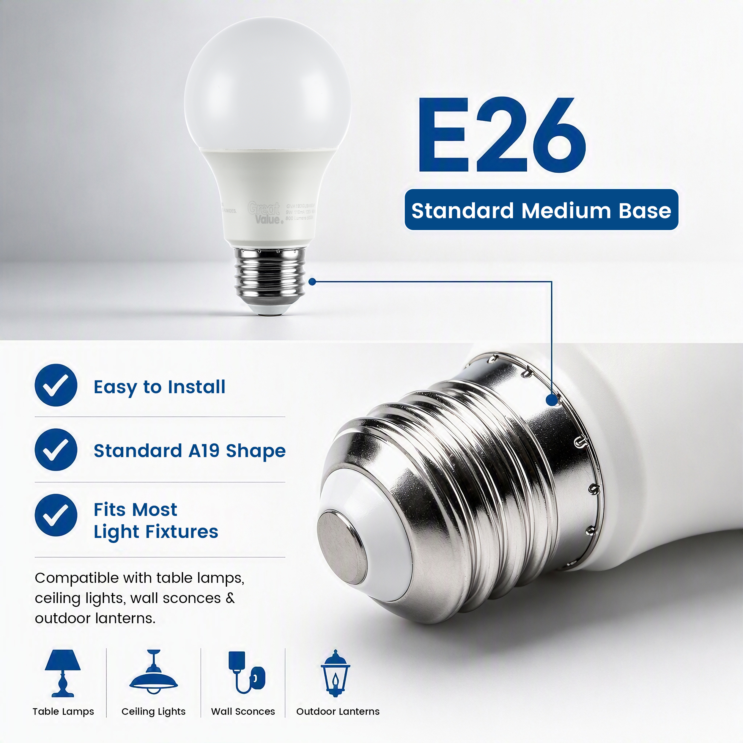Great Value A19 LED Light Bulb, 9W, 60W Equivalent, 4 Pack photo 4