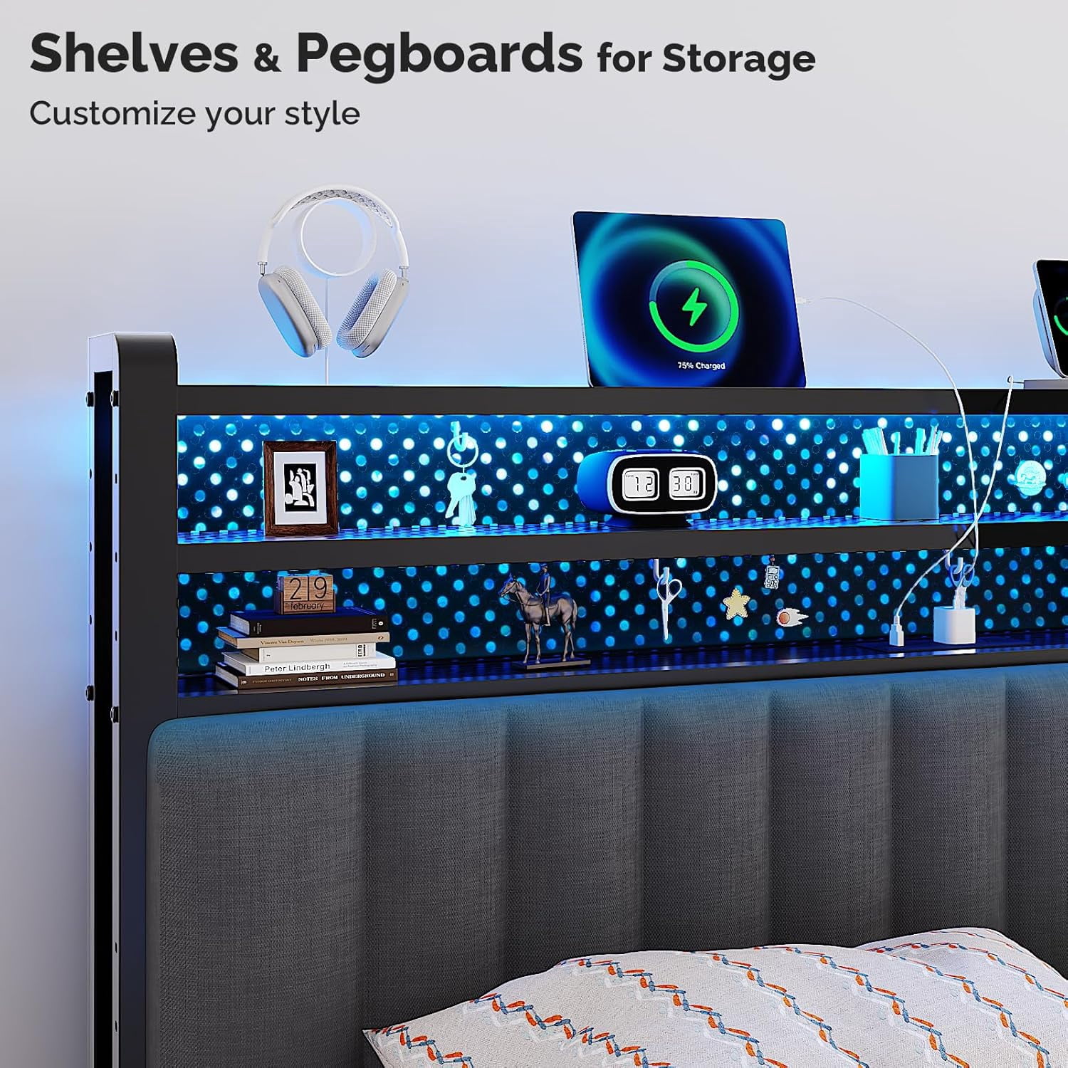 Queen Size Headboard with Storage and LED, Adjustable Upholstered Headboard with 3 Tier Shelves and Pegboard, Modern Bed Headboard with Charging Station for Bedroom Decor, Dark Grey