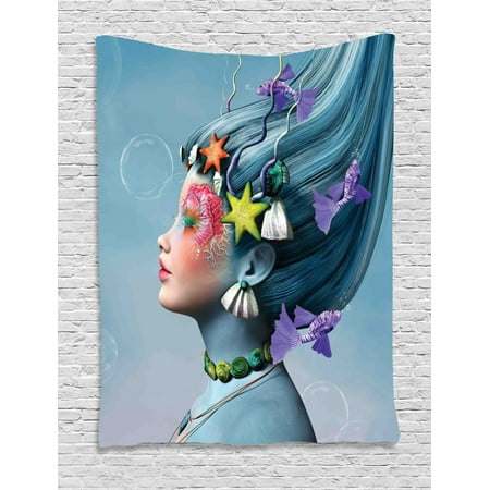 Mermaid Tapestry Woman With Underwater Themed Make Up Hairstyle Starfishes Seashells Fishes Bubbles Wall Hanging For Bedroom Living Room Dorm Decor