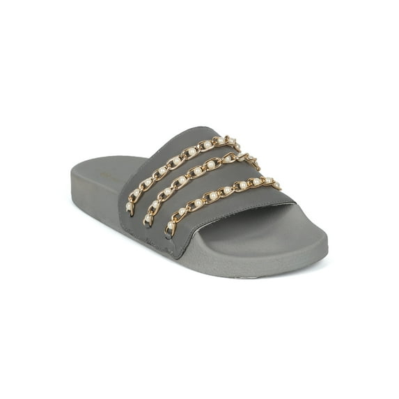 Women Leatherette Chained Open Toe Footbed Slide 18183