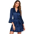 thumbnail image 4 of Women Satin Robe Ruffle Hem Kimono Short Robes V-Neck Pure Color Bridesmaid Wedding Party Bathrobe Dressing Gown, 4 of 9