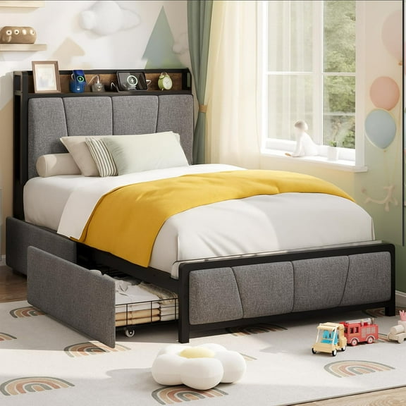 ChaoLink Twin Bed Frame Upholstered Bed Frame with Storage Headboard, 2 Drawers, USB Charging Station, No Box Spring Needed, Heavy Duty, Grey