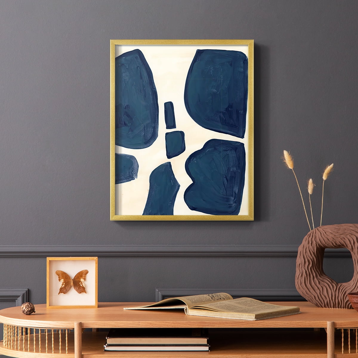 Blue Pieces II Framed Print in Gold Solid Wood Framed Print No Nail Hanging