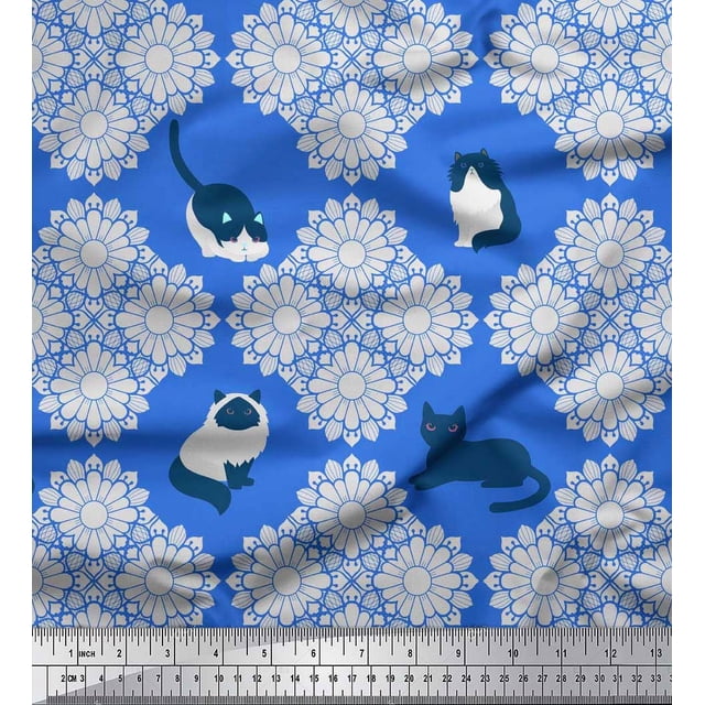 Soimoi Rayon Fabric Floral & Cat Animal Print Fabric by Yard 56 Inch Wide