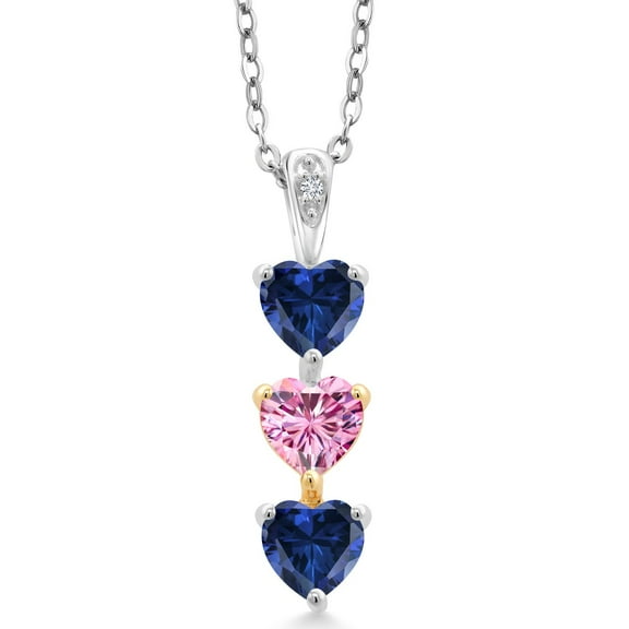 Gem Stone King Keren Hanan Lab Grown Diamond 3 Stone Heart Shape Pendant Necklace with Chain 925 Silver and 10K Yellow Gold Created Sapphire Pink Moissanite (1.51 Cttw)